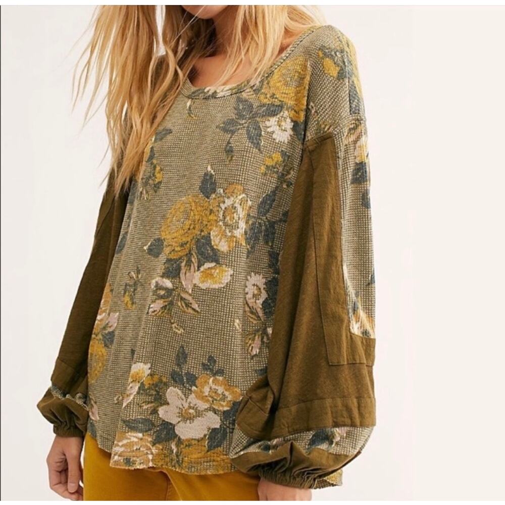 Free People Flower Patch Blouse Waffle Thermal Balloon Sleeve Green Small
